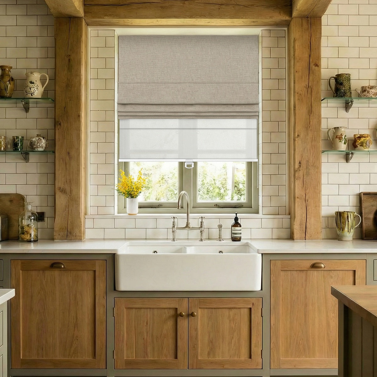 Berissa Day Night Soft Elegant Blackout Custom Color Roman Shades in a stylish kitchen with wooden accents.