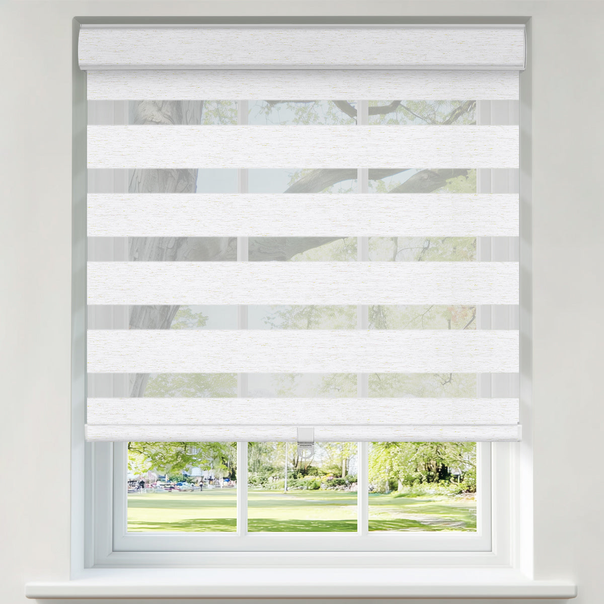 Berissa Wheat Inspired Blackout Free-Stop Zebra Blinds Cordless Child Safe in a bright window setting.