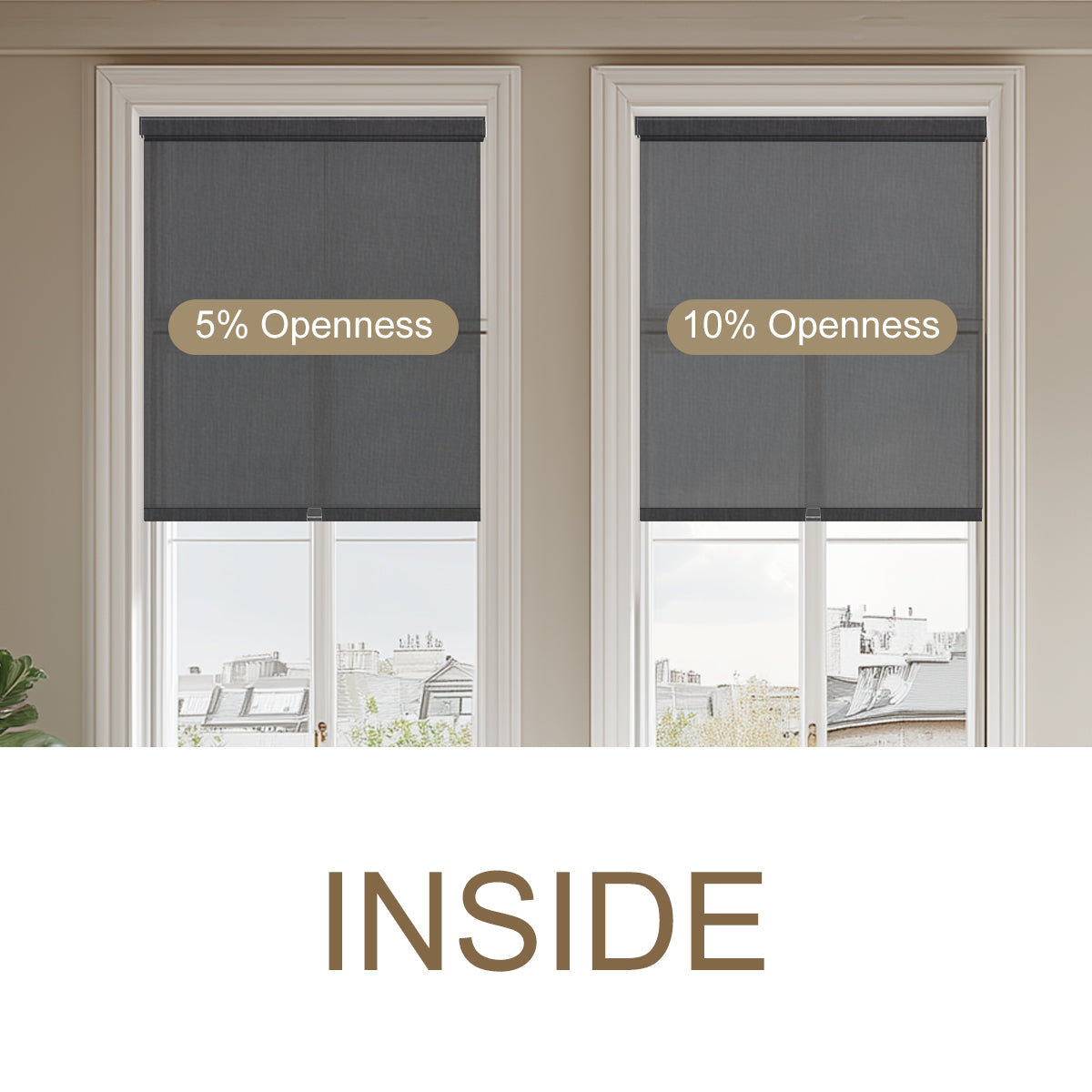 Berissa Spring System Cordless Roller Shades showing 5% and 10% openness options inside windows.