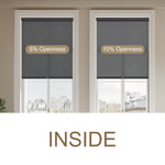 Berissa Spring System Cordless Roller Shades showing 5% and 10% openness options inside windows.
