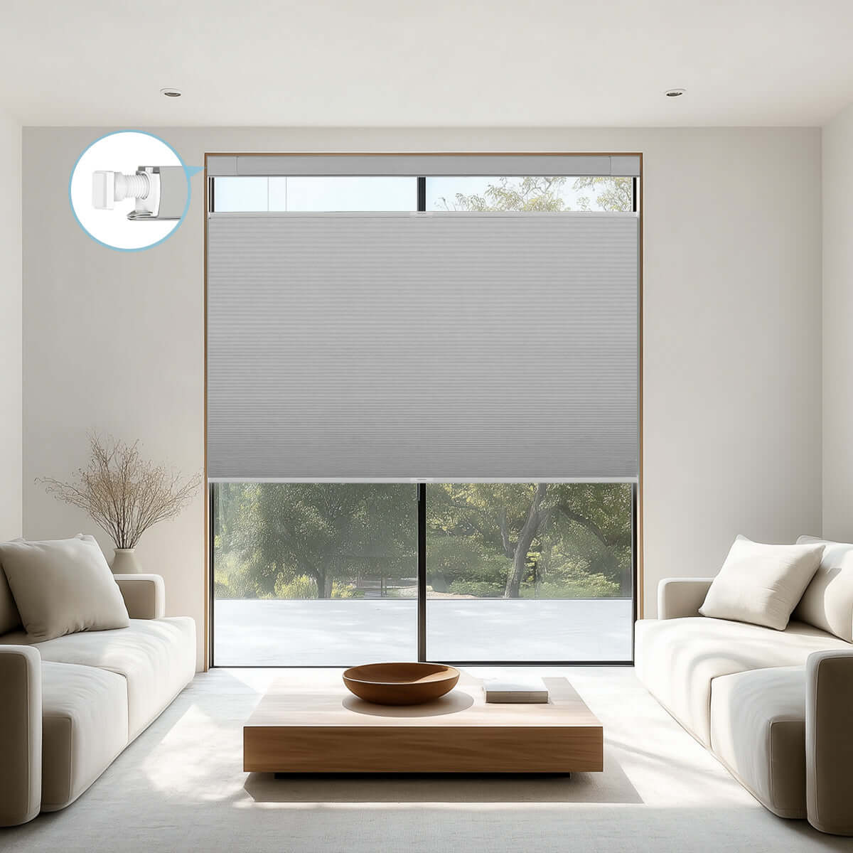 Berissa No Drill Top Down Bottom Up Blackout Honeycomb Cellular Shades in a modern living room setting.
