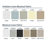 Berissa Square Shell Imitation Linen Blackout Cordless Roller Shades fabric options including beige, gray, and light brown.
