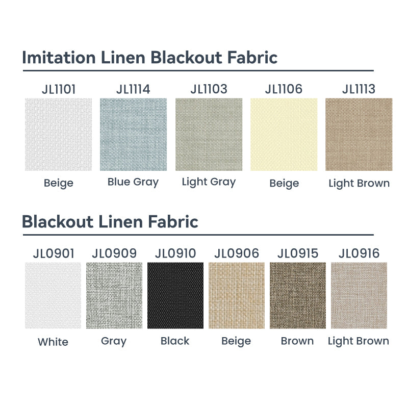 Berissa Square Shell Imitation Linen Blackout Cordless Roller Shades fabric options including beige, gray, and light brown.