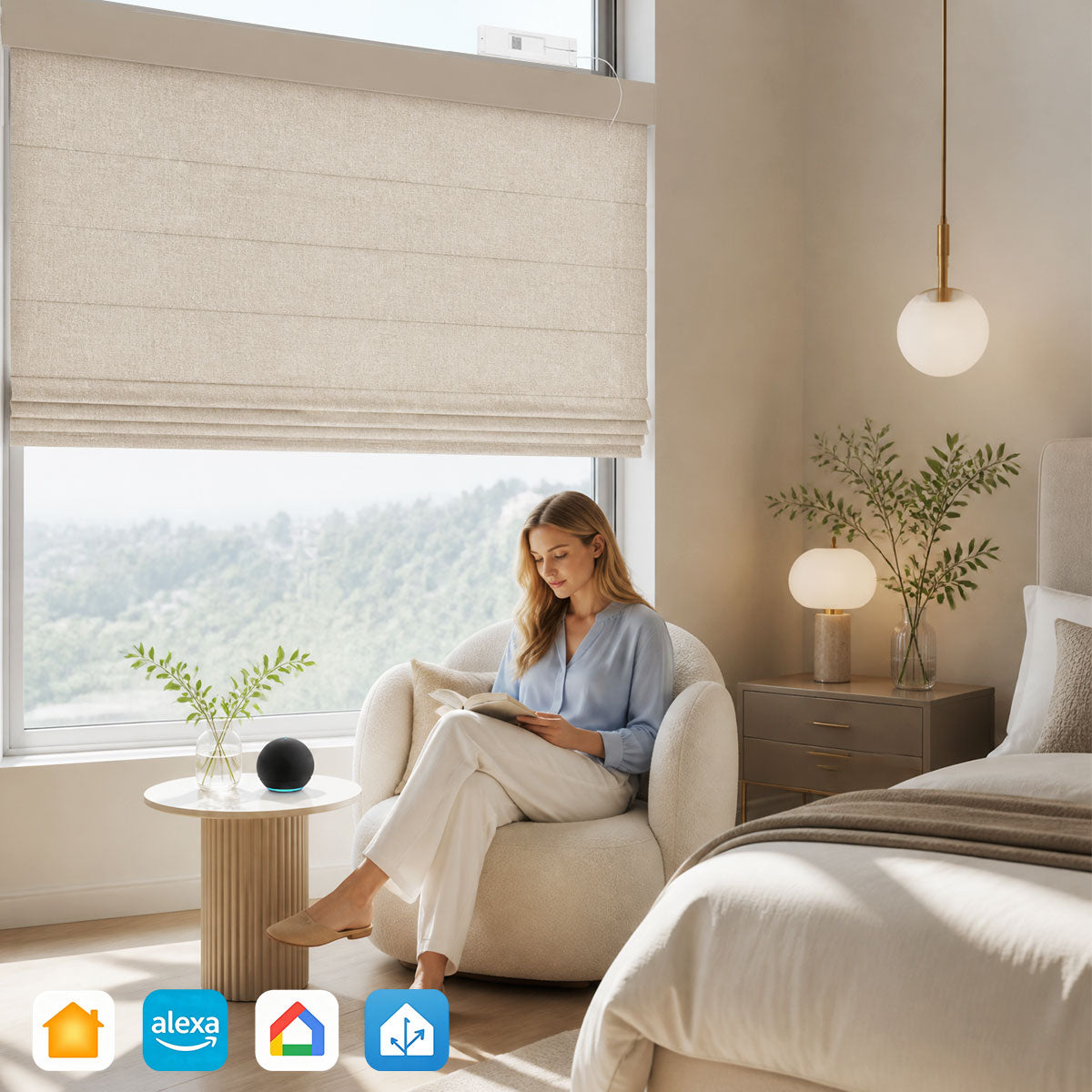 Berissa Motorized Remote Custom Textured Blackout Roman Shades