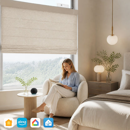 Berissa Motorized Remote Custom Textured Blackout Roman Shades