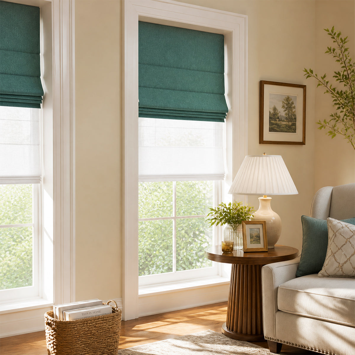 Berissa Vintage Blackout Green No Drill Double Shades Roman Shades