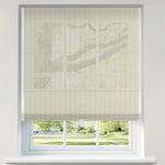 Berissa Light Filtering Imitation Bamboo No Drill Roman Shades displayed in a bright window, allowing soft light to filter through.