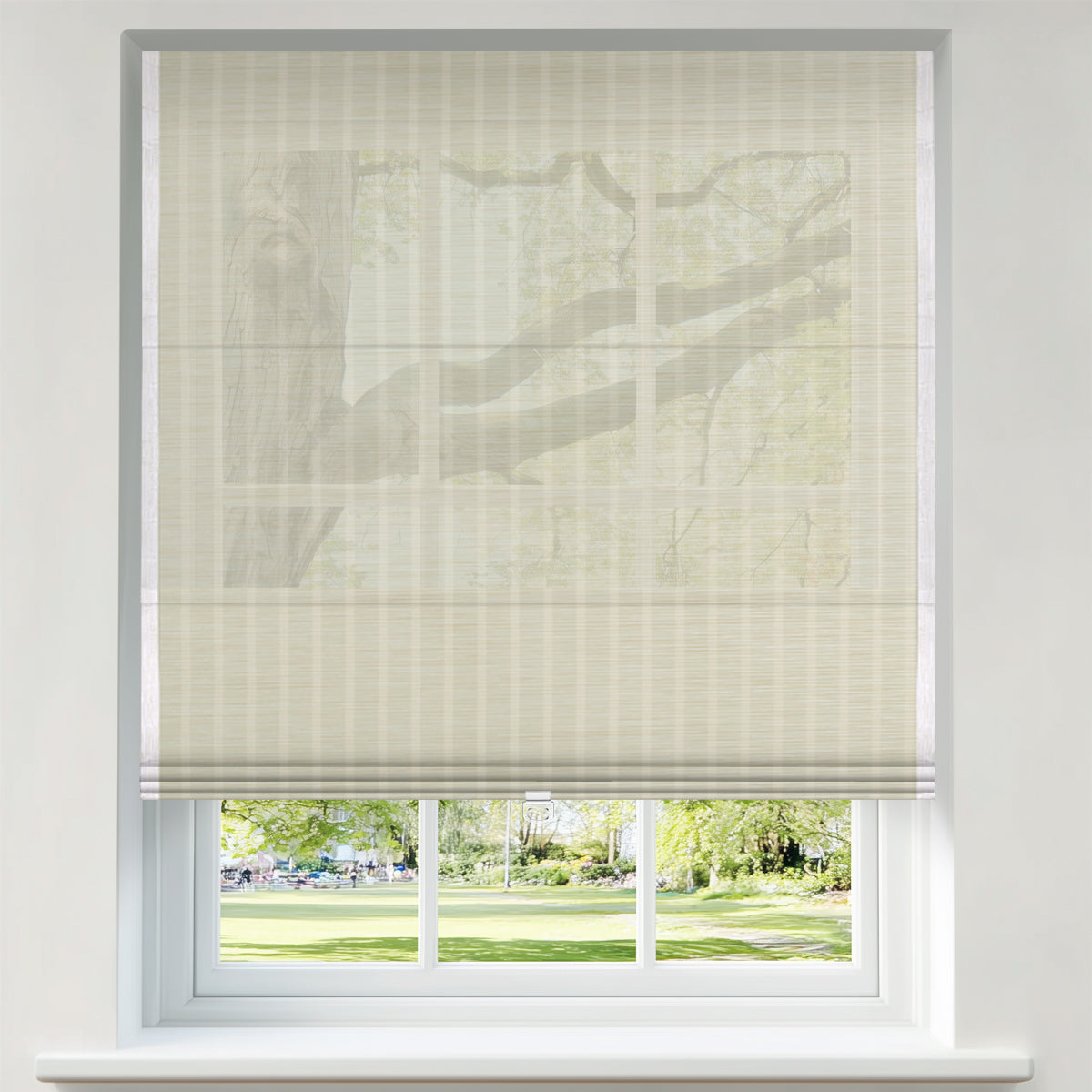 Berissa Light Filtering Imitation Bamboo No Drill Roman Shades displayed in a bright window, allowing soft light to filter through.