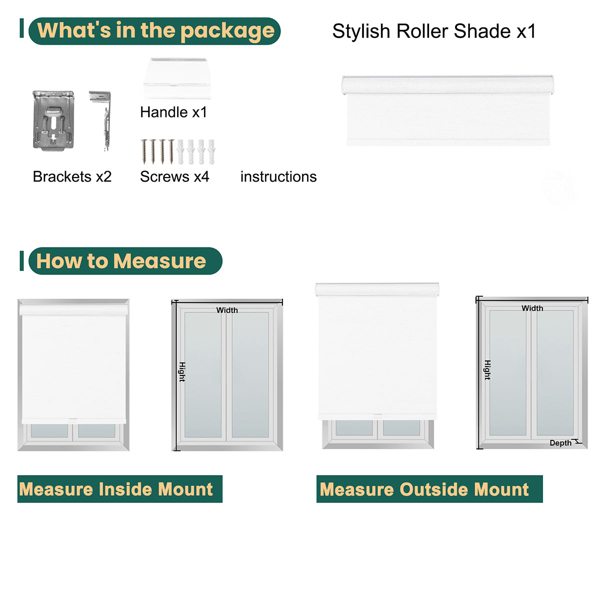Contents of Berissa Classic Matching Colour Cordless Roller Shades package including brackets, screws, and measuring instructions.