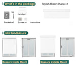 Contents of Berissa Classic Matching Colour Cordless Roller Shades package including brackets, screws, and measuring instructions.