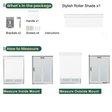 Contents of Berissa Classic Matching Colour Cordless Roller Shades package including brackets, screws, and measuring instructions.