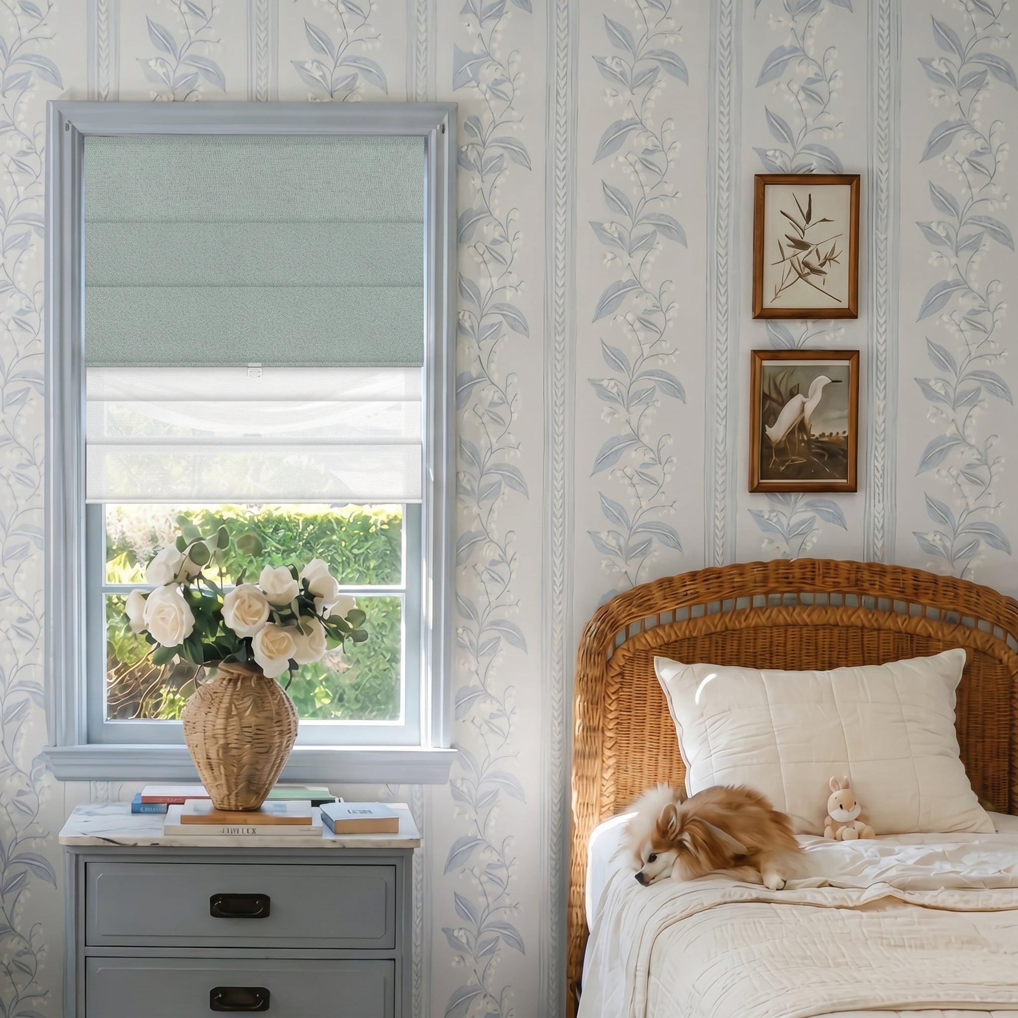 Berissa Cordless Double Shades Blackout and Semi View White Day Night Roman Shades