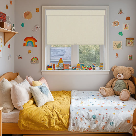 Berissa Integrated Valance Linen Texture Roller Shades in a cozy children's bedroom with colorful decor.