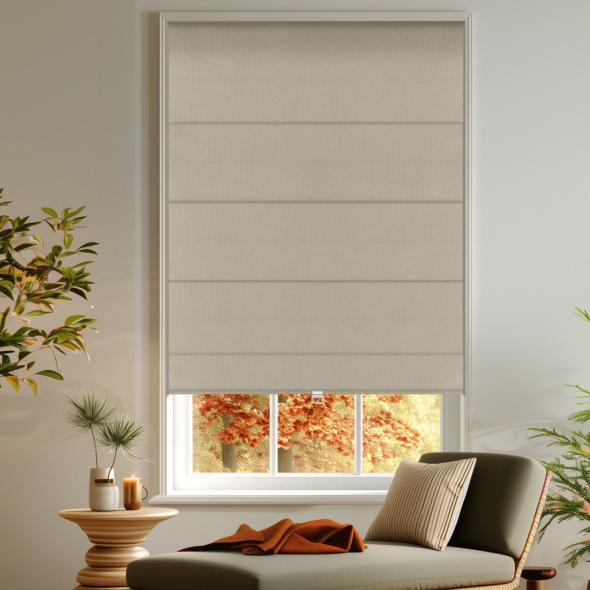 Berissa Custom No Drill Soft Blackout Roman Shade Cordless in a modern living room setting.