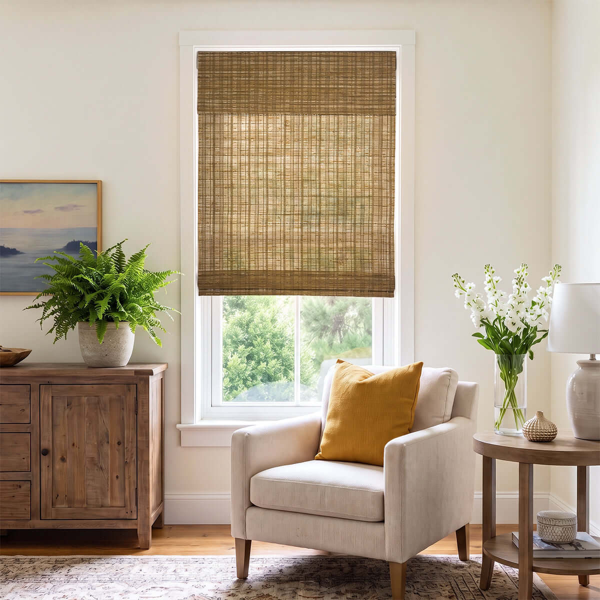 Berissa Natural Bamboo Ramie Woven No Drill No Tool Shades in an elegant interior setting with plants and cozy furniture.