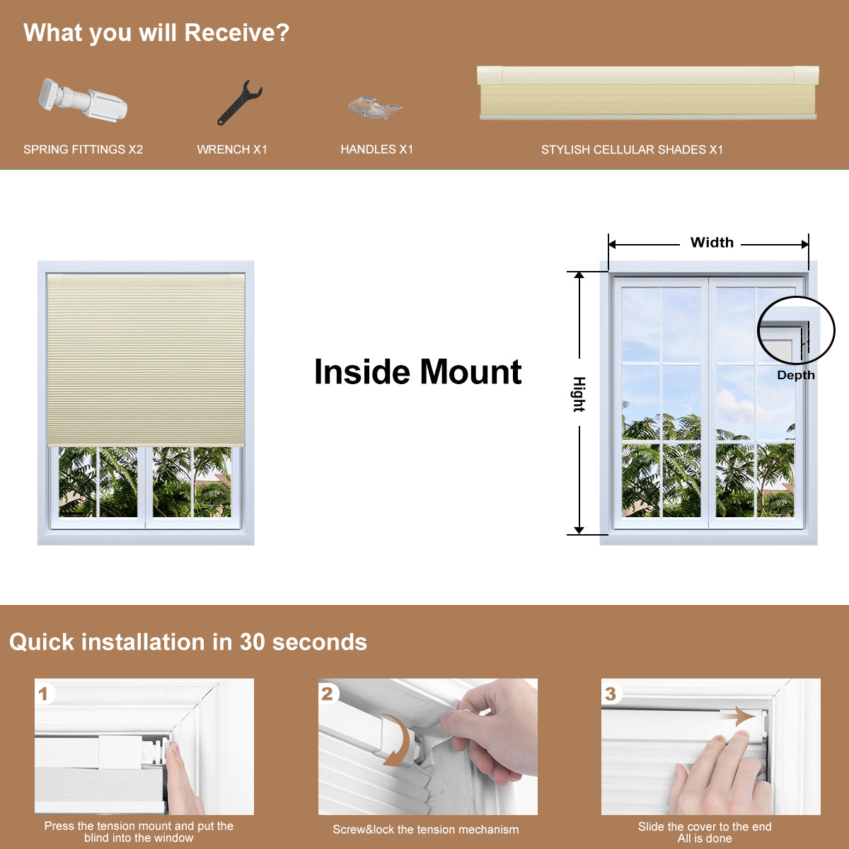 Berissa Budget-Friendly Classic No Drill Easy-Install Cellular Shades installation guide and components list.