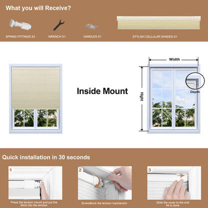 Berissa Budget-Friendly Classic No Drill Easy-Install Cellular Shades installation guide and components list.