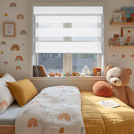 Berissa Day Night Zebra Duo Roller Blind installed in a cozy children's bedroom with rainbow decor.