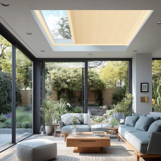 Berissa No Drill Honeycomb Blinds Perfect Fit Frame Sun Shades installed in a modern sunlit living room with skylight.
