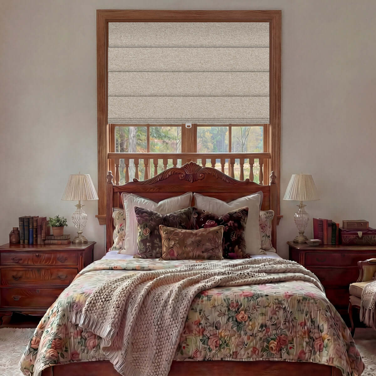 Berissa Vintage Style No-Drill Soft Multiple Colors Roman Shades in a cozy bedroom setting with floral bedding.