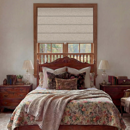 Berissa Vintage Style No-Drill Soft Multiple Colors Roman Shades in a cozy bedroom setting with floral bedding.