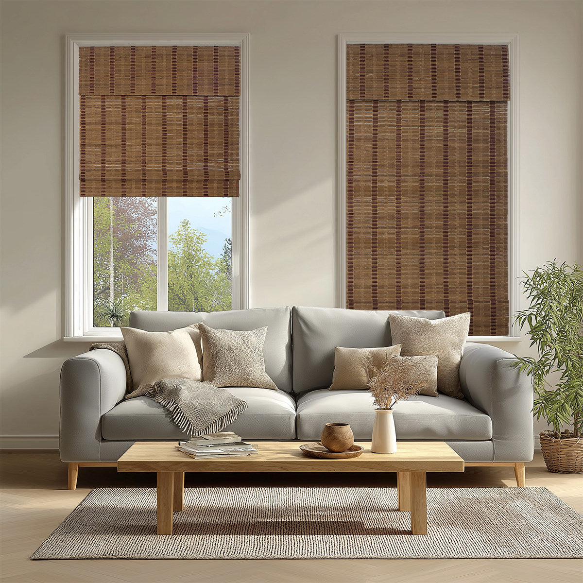 Berissa Minimalist Natural Contemporary Eco Chic Premium  Bamboo Shades in a stylish living room setting.