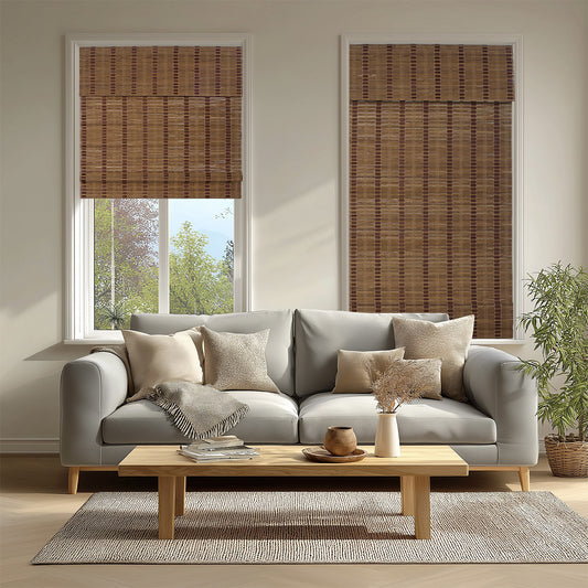 Berissa Minimalist Natural Contemporary Eco Chic Premium  Bamboo Shades in a stylish living room setting.