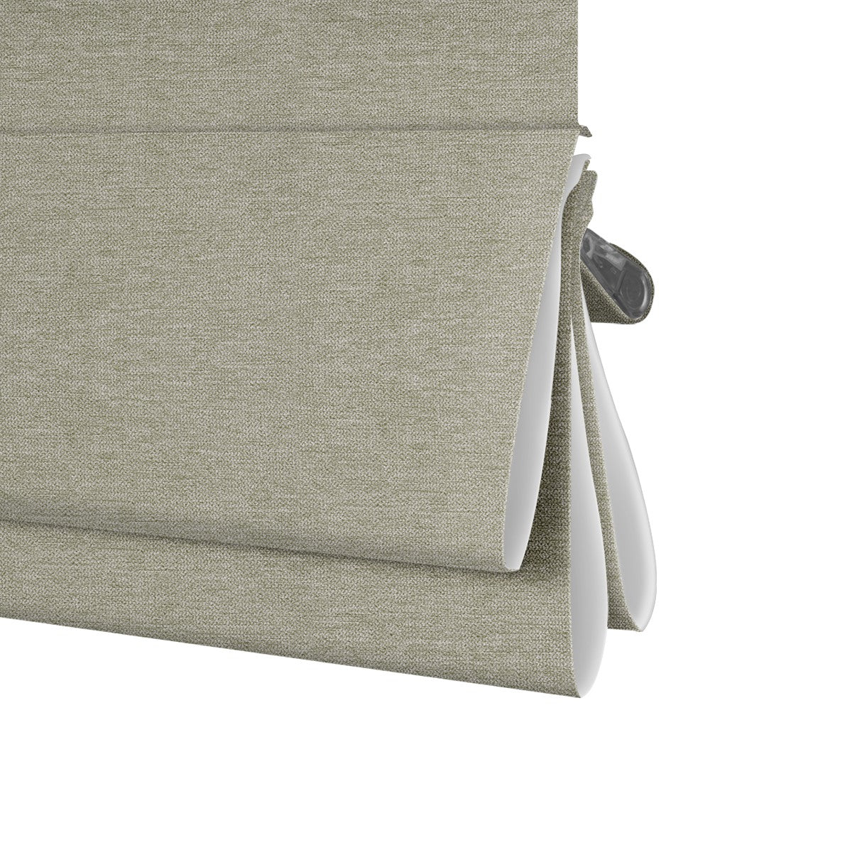 Berissa Smooth Cord Operation Blackout Linen No Drill Roman Shades folded fabric close-up for light blocking and privacy.