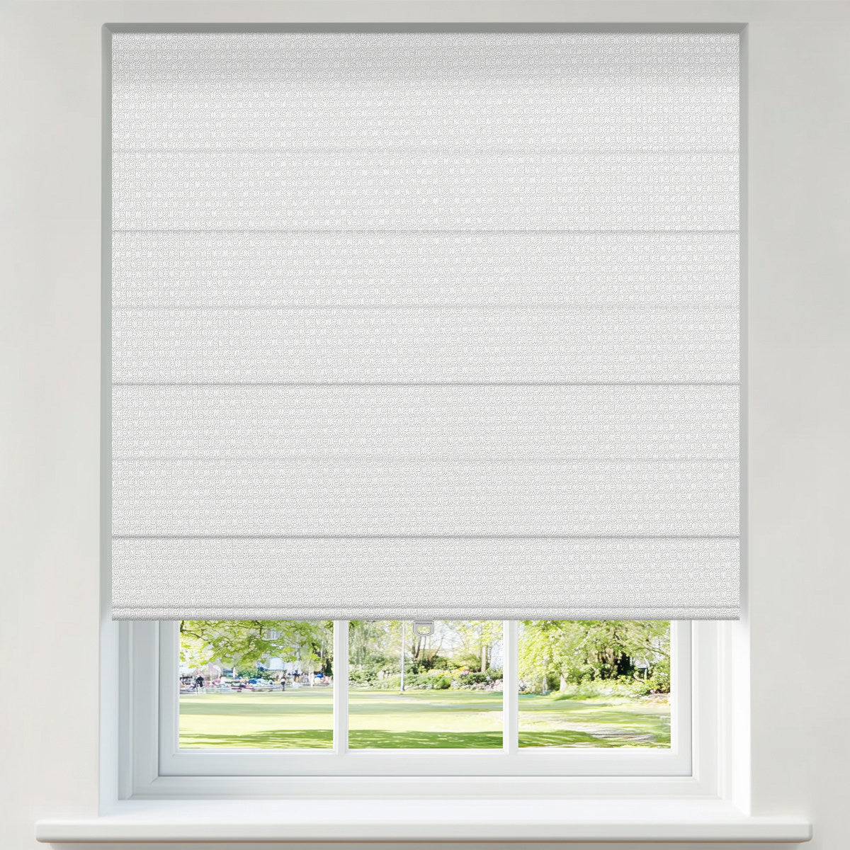 Berissa Pure Soft Waffle Texture Blackout Roman Shade Cordless Child Safe displayed in a bright room overlooking a park.