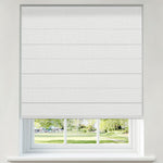 Berissa Pure Soft Waffle Texture Blackout Roman Shade Cordless Child Safe displayed in a bright room overlooking a park.