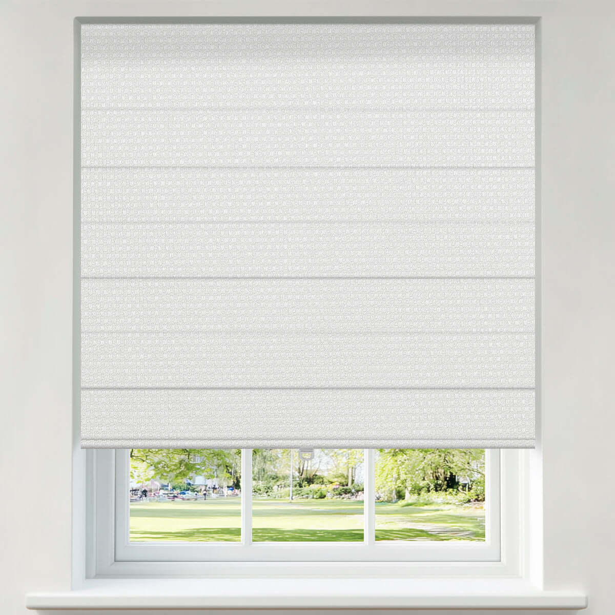 Berissa Pure Soft Waffle Texture Blackout Roman Shade Cordless Child Safe displayed in a bright room overlooking a park.