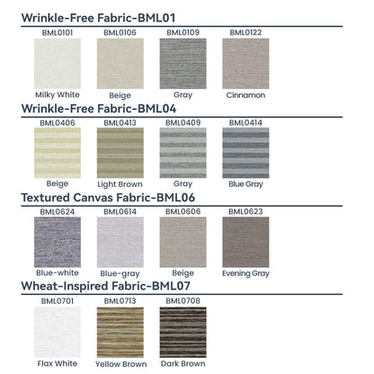 Swatch sheet of Berissa Day Night Zebra Duo Roller Blind fabrics including colors like Milky White, Beige, Gray, and more.