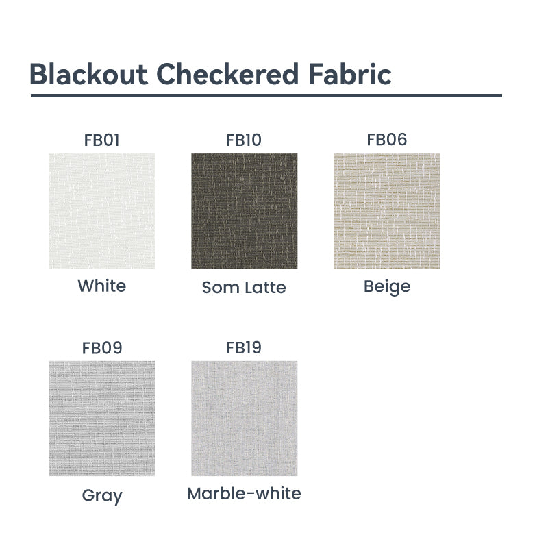 Blackout Checkered Fabric in White, Som Latte, Beige, Gray, and Marble-white swatches for Roman Shades.