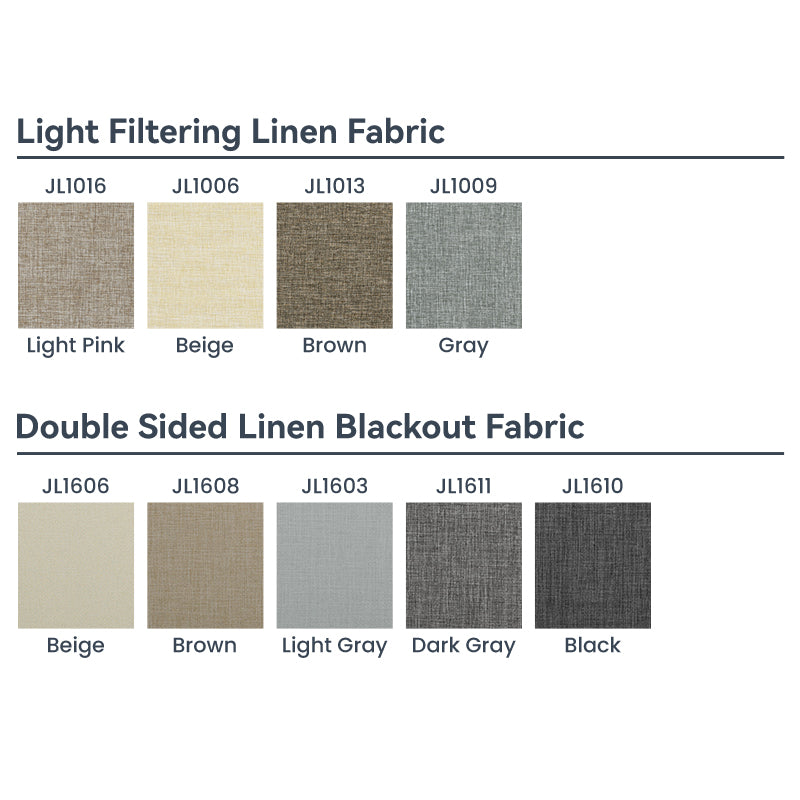 Various fabric samples for Berissa Classic  Linen Blend Cordless Roller Shades including light filtering and blackout options.