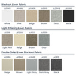 Swatches of Berissa Thermal Blackout Linen Texture Roller Blinds fabrics in various colors including black, gray, brown, and beige.