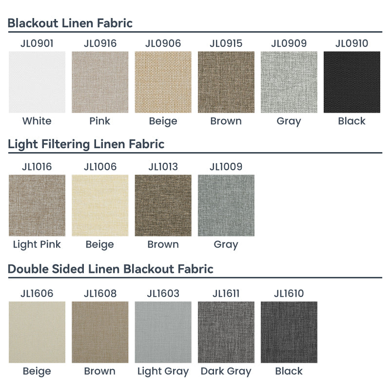 Swatches of Berissa Thermal Blackout Linen Texture Roller Blinds fabrics in various colors including black, gray, brown, and beige.