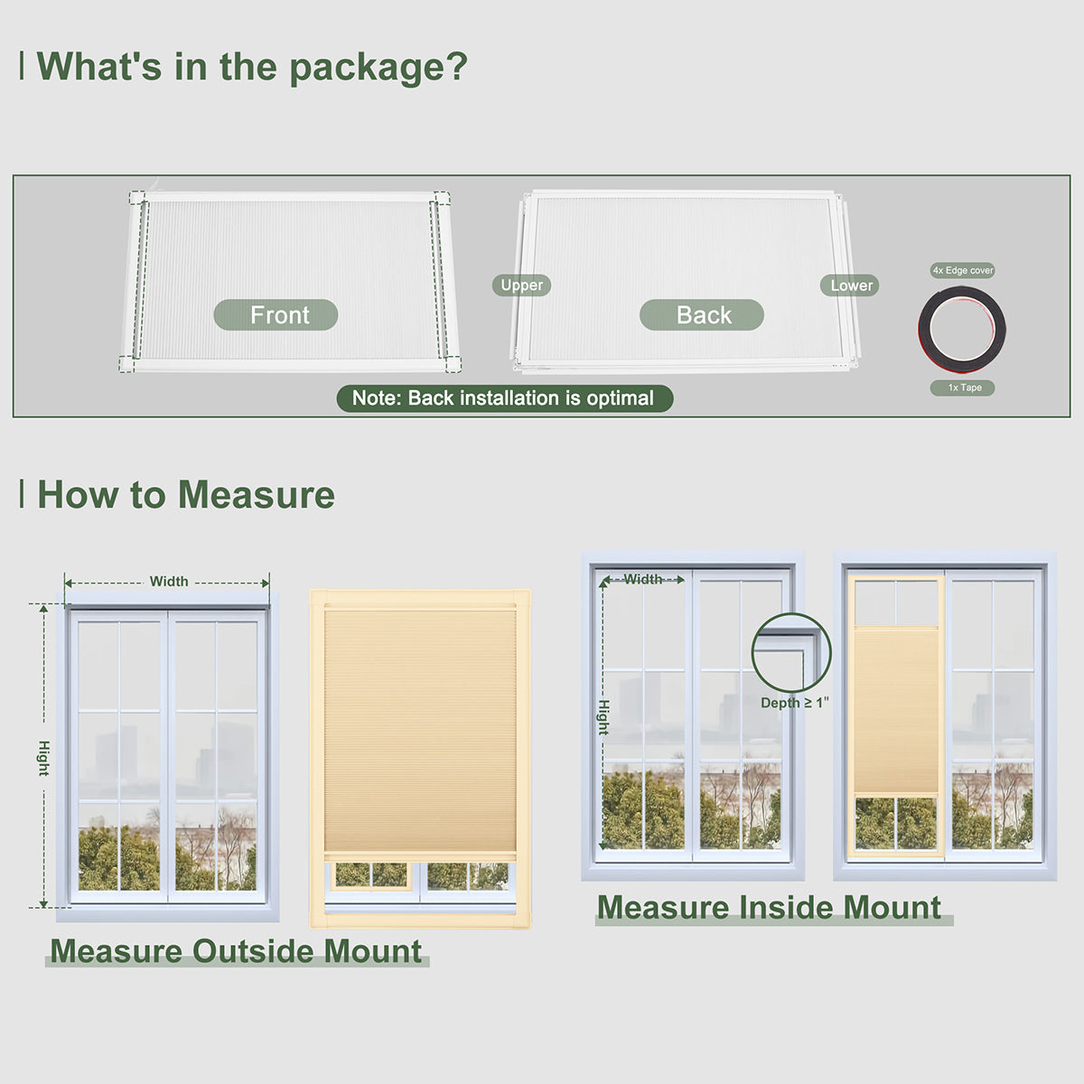 Berissa No Drill Honeycomb Blinds Perfect Fit Frame Sun Shades package contents and measuring instructions