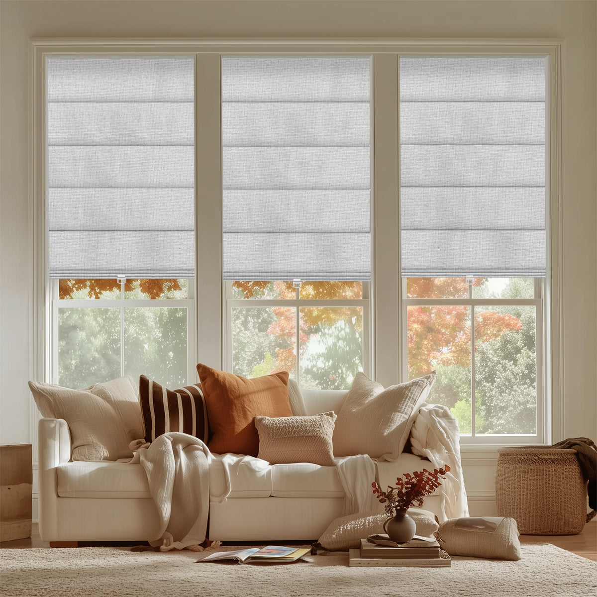 Berissa Classic Roman Shades Cordless Child Safe in a stylish living room with natural light.