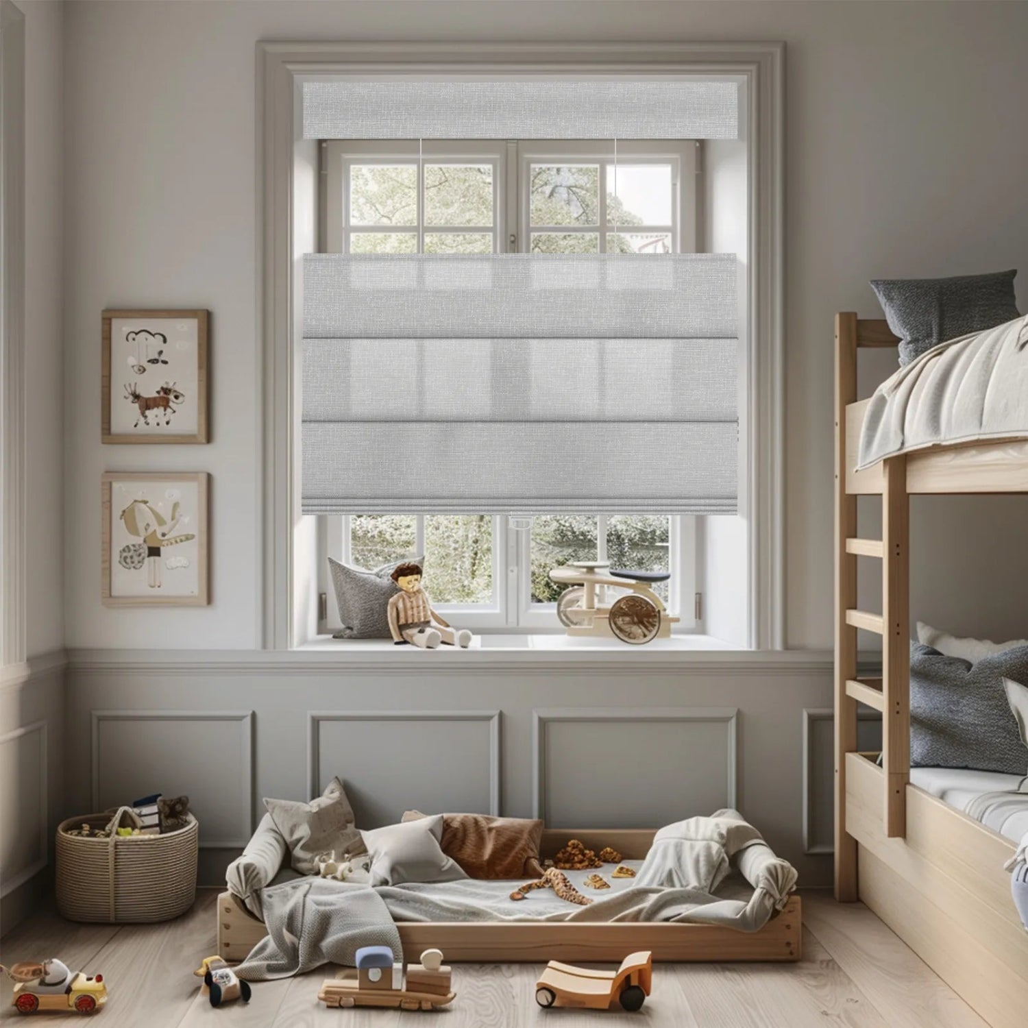 Berissa Top Down Bottom Up Classic Roman Shades in a bright children's room with a bunk bed and play area.