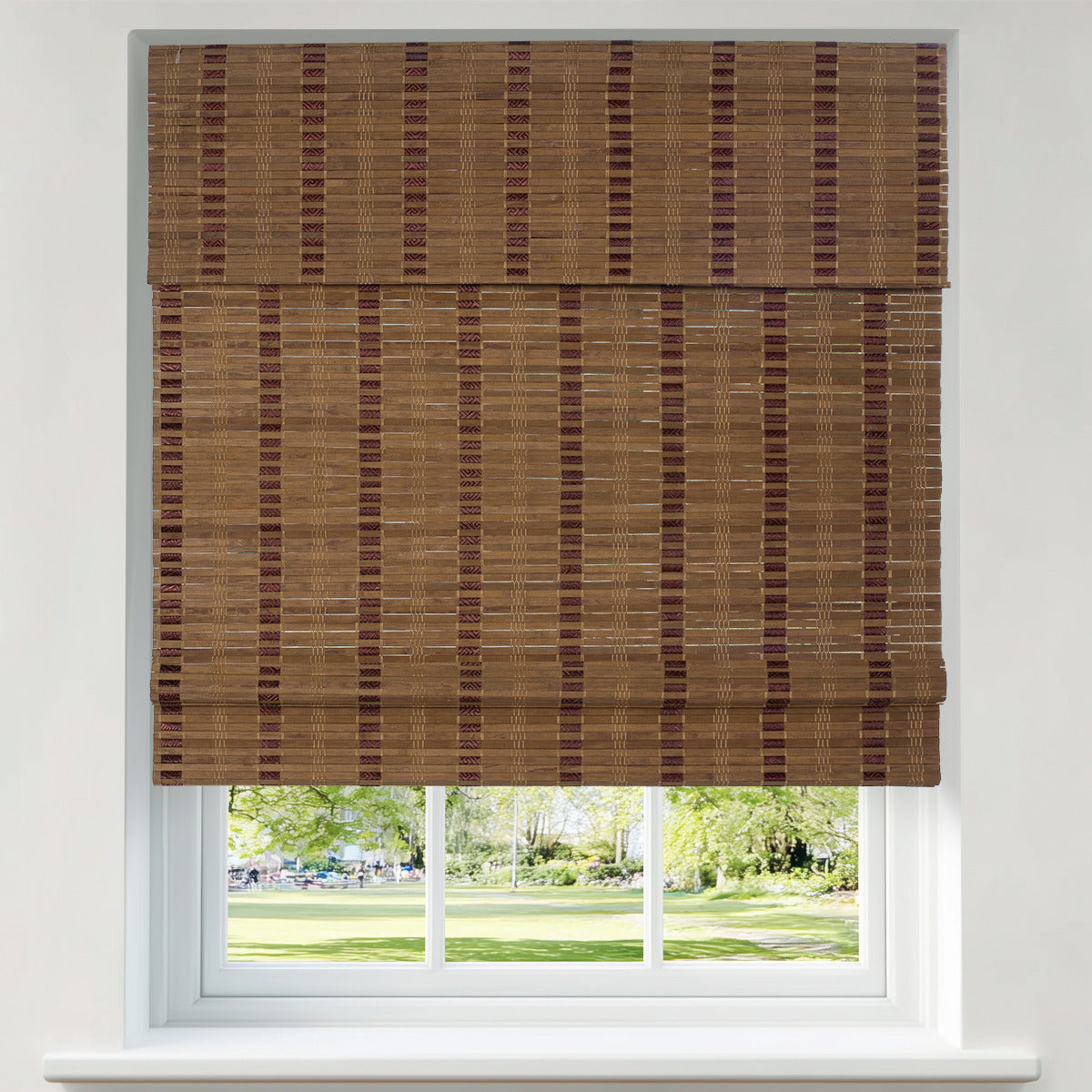 Berissa Minimalist Natural Contemporary Eco Chic Premium  Bamboo Shades displayed in a window with a view.