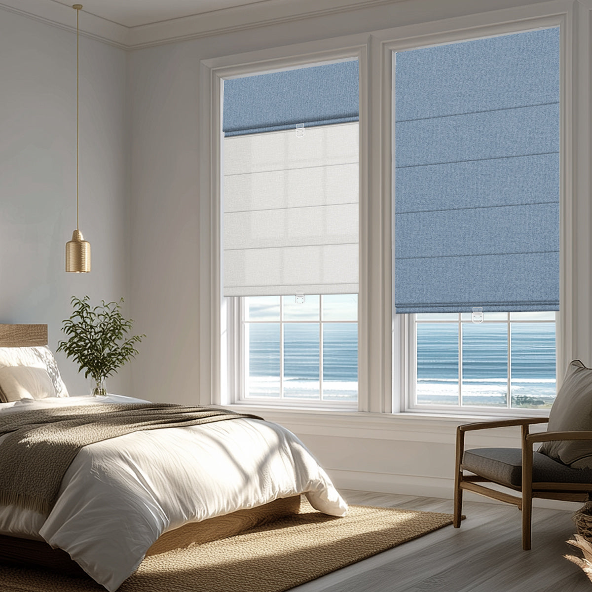 Berissa Cordless Double Shades Blackout and Light Filtering Day Night Roman Blinds in modern bedroom setup.