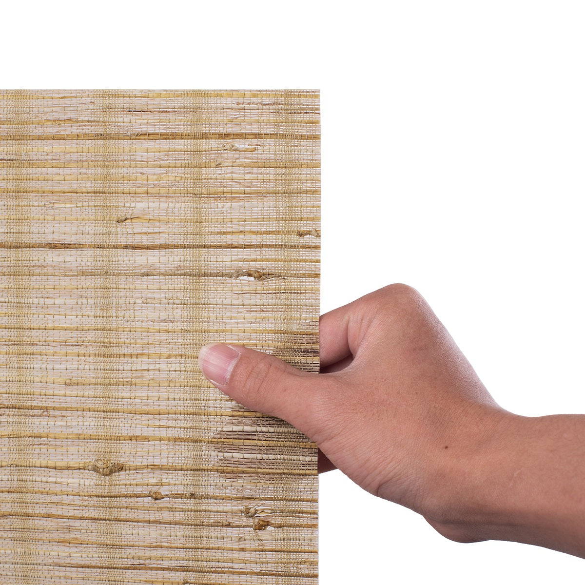 Berissa Elegant Privacy With Breathable Light Control Premium Grasscloth Window Shades hand holding bamboo material swatch