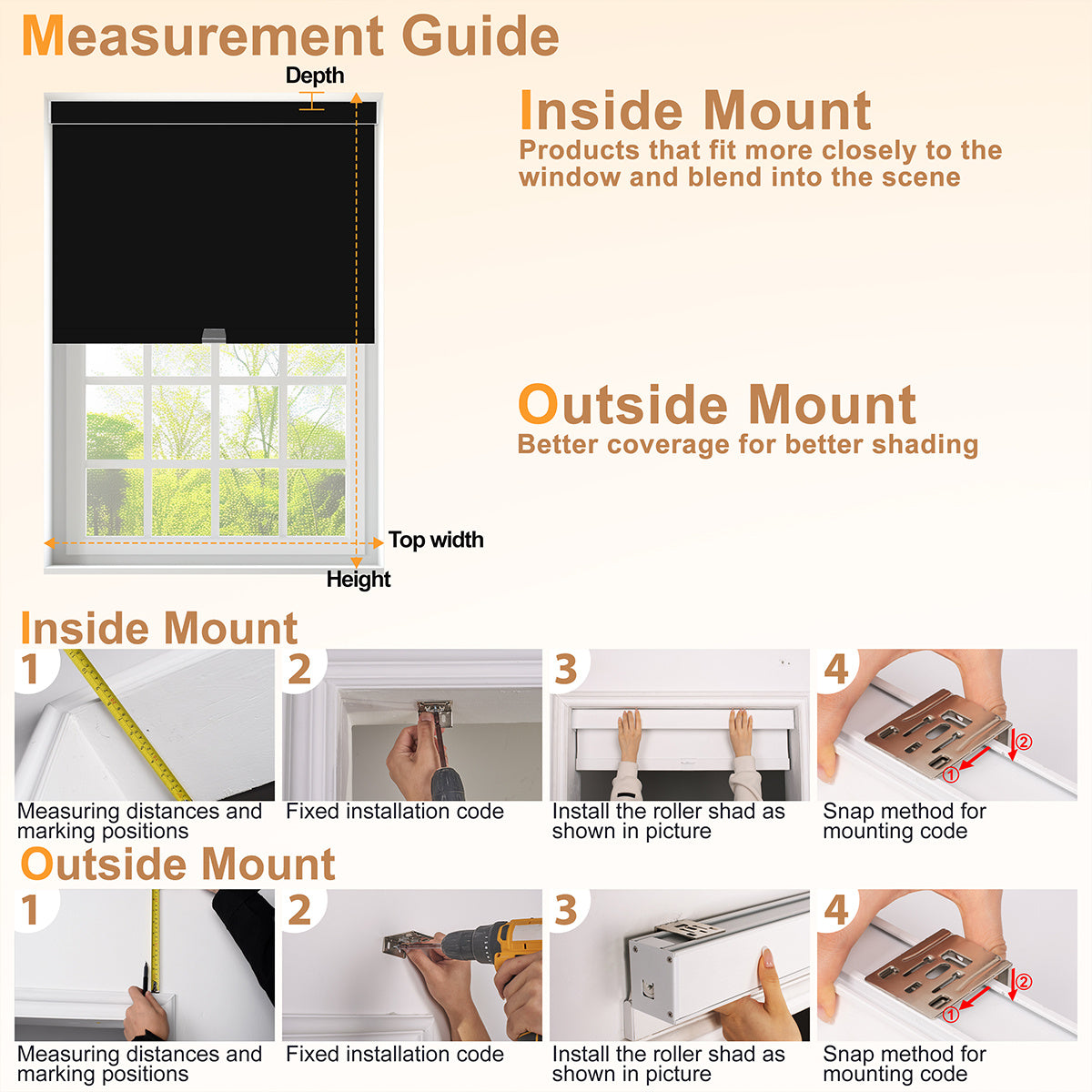Measurement guide for Berissa Square Shell Imitation Linen Blackout Cordless Roller Shades installation.