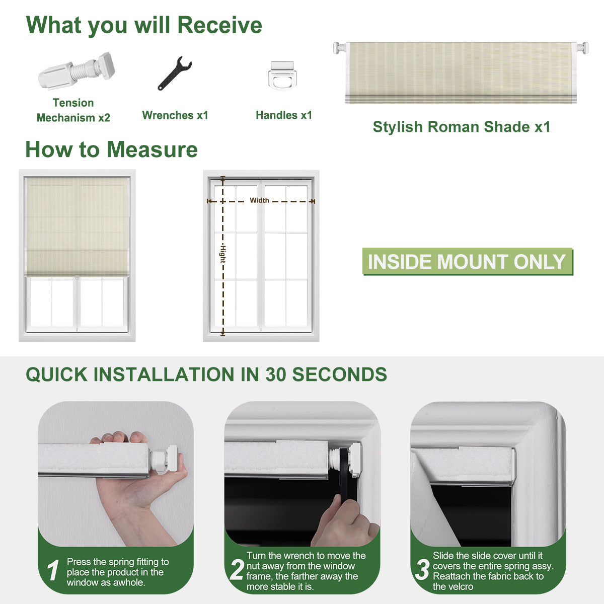 Berissa Light Filtering Imitation Bamboo No Drill Roman Shades installation guide with accessories included.