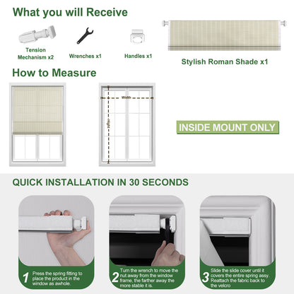 Berissa Light Filtering Imitation Bamboo No Drill Roman Shades installation guide with accessories included.