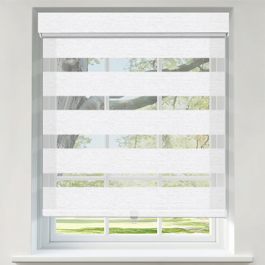 Berissa Day Night Zebra Duo Roller Blind installed in a window, showcasing stylish dual-layer sheer and opaque stripes.