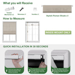 Berissa Crafted Folds Mini Roman Shades No Drill Easy to Install with installation guide and components.