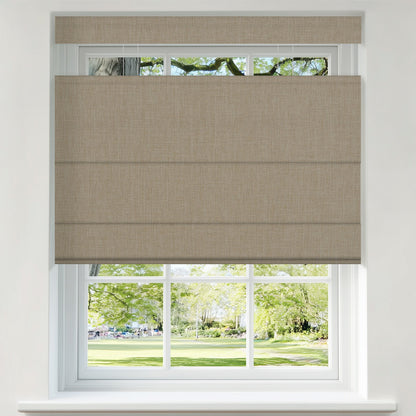 Berissa Motorized Top Down Bottom Up Custom Blackout Roman Shades in a window setting with a view.