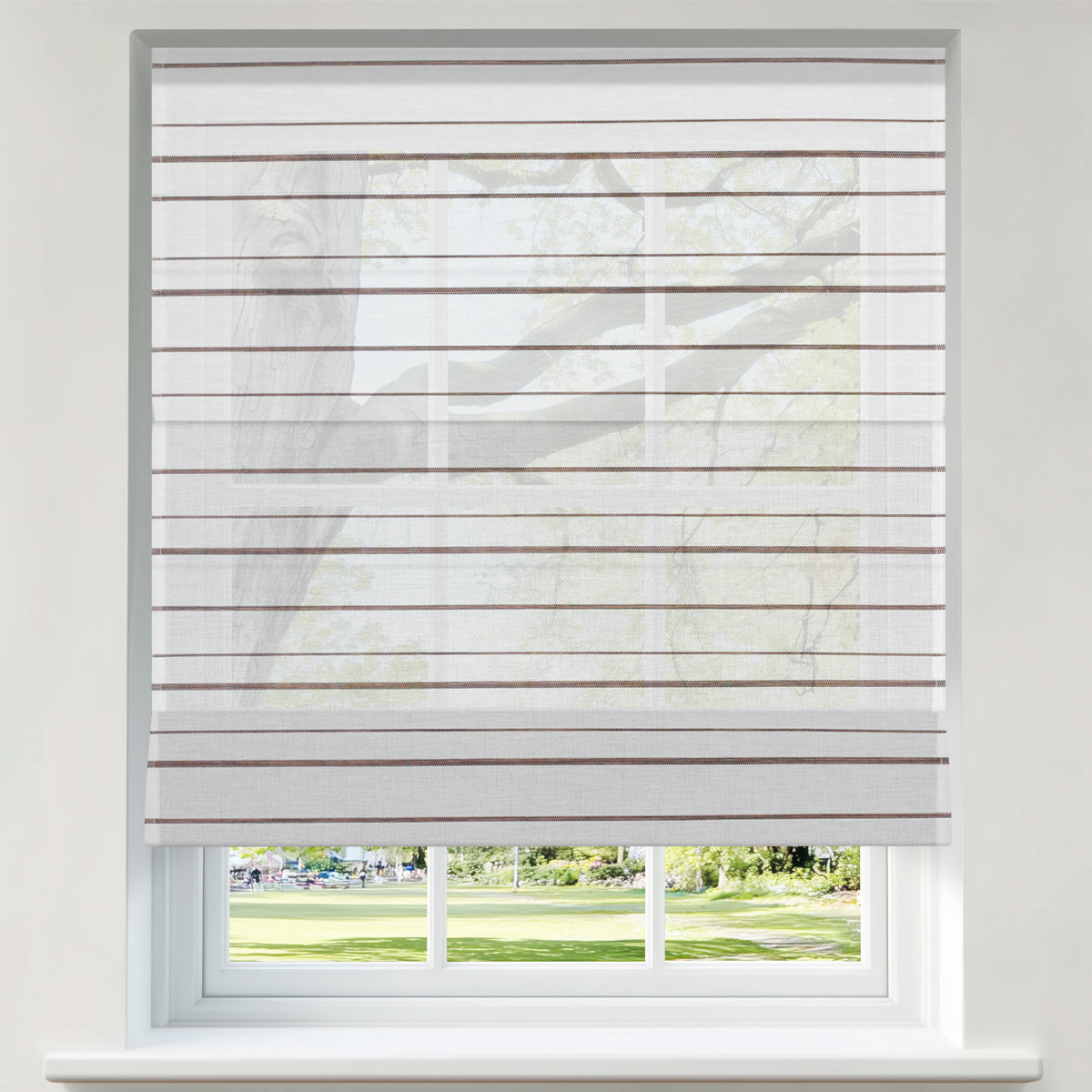 Berissa Canvas with Walnut Stripes Roman Shades elevating a window with modern elegance and natural warmth.