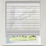 Berissa Canvas with Walnut Stripes Roman Shades elevating a window with modern elegance and natural warmth.